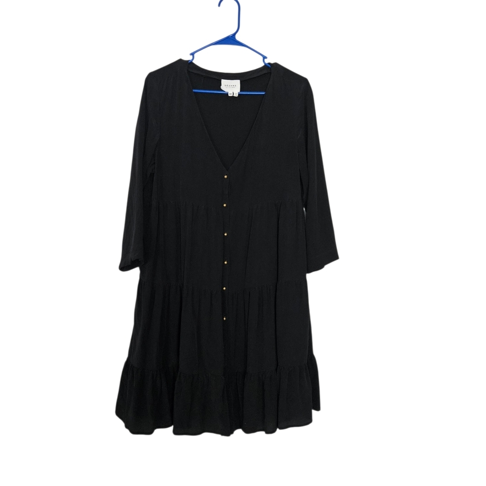 Sezane Aura Black 100% Silk Tiered Mini Dress Button Front Size 44/L - Picture 2 of 9